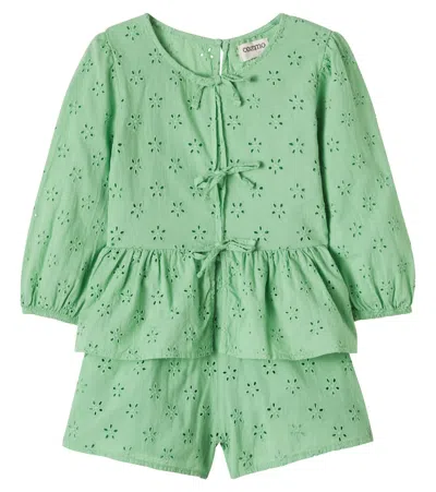 Cozmo Kids' Alma Broderie Anglaise Top And Shorts Set In Green