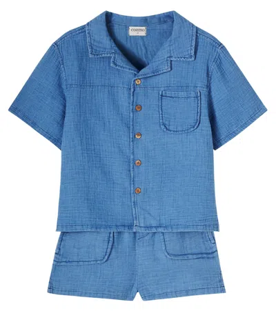 Cozmo Kids' Gale Cotton Chambray Bowling Shirt And Shorts Set In Blue