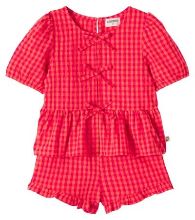 Cozmo Kids' Joy Checked Cotton Top And Shorts Set In Red
