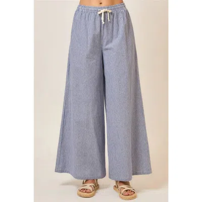 Cozy Casual Pinstripe Wide Leg Pants With Drawstring In Denim Blue