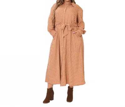 Cozy Co. Button Down Waist Tie Tiered Maxi Dress In Plaid Orange In Black