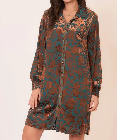 Cozy Co. Floral Burnout Velvet Long Sleeve Mini Dress In Brown