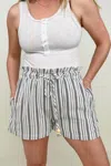 Cozy Co. Linen Blend Striped Drawstring Shorts In Off White/grey