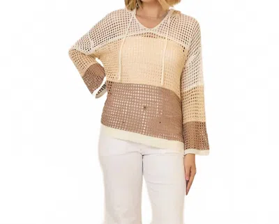 Cozy Co. Open Knit Color Block Hoodie Sweater In Beige Multi