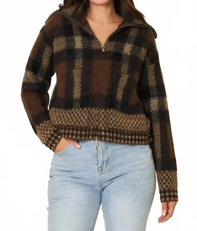 Cozy Co. Plaid Knit Zipper Jacket In Brown