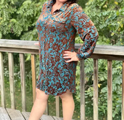 Cozy Co. Shimmery Velour Dress In Blue/brown In Multi