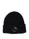 C.p. Company Black Knit Beanie With Logo Plaque On The Front In Wool Man In Black