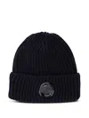 C.p. Company Blue Knit Beanie With Logo Plaque On The Front In Wool Man In Blue