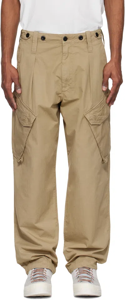 C.p. Company Beige Cotton Gabardine Loose Cargo Pants In Gold