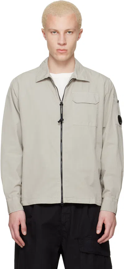 C.p. Company Beige Organic Gabardine Zipped Lens Overshirt In Gray