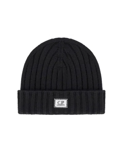 C.p. Company Black Beanie With Logo