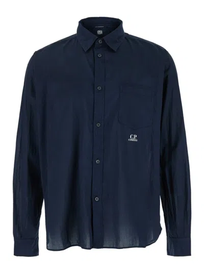 C.p. Company Black Button-down Shirt With Sheer Fabric In Blue
