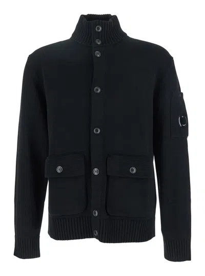 C.p. Company Black Cardigan With High Neck And Logo Plaque On The Side In Cotton Man