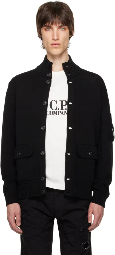 C.p. Company Black Compact Cotton Full Button Lens Knit Cardigan In 999 Black