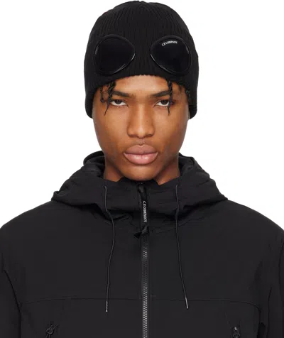 C.p. Company Black Cotton Goggle Beanie In 999 Black