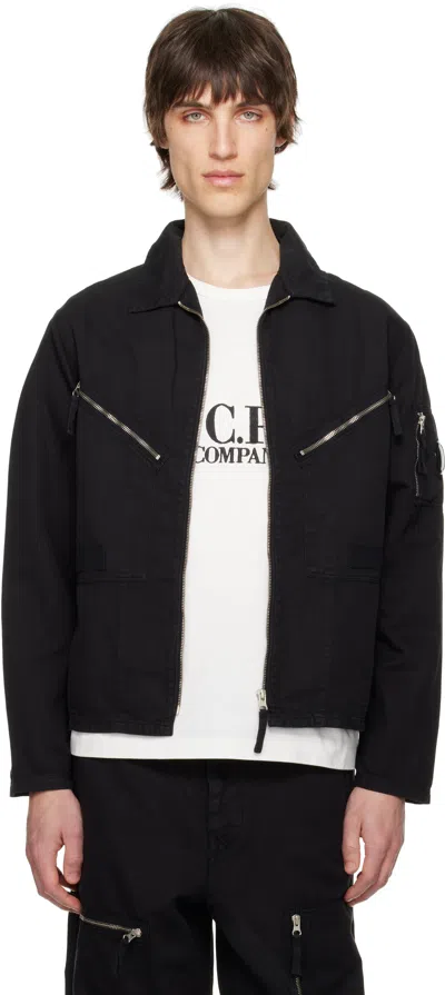 C.P. COMPANY BLACK COTTON LINEN FULL ZIP OVERSHIRT