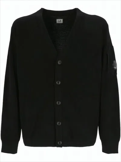 C.p. Company Black Fine Knit Cardigan With V-neckline And Button-down Front