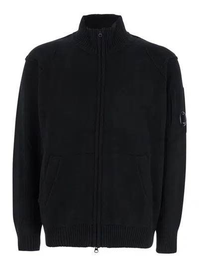 C.p. Company Black Jacket With High Neck And Logo Plaque On The Sleeve In Wool Blend Man