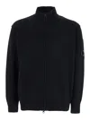 C.p. Company Black Jacket With High Neck And Logo Plaque On The Sleeve In Wool Blend Man In Black