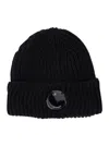 C.p. Company Black Knit Beanie With Logo Plaque On The Front In Wool Man In Black