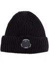 C.p. Company Black Knit Beanie With Logo Plaque On The Front In Wool Man In Black