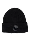 C.p. Company Black Knit Beanie With Logo Plaque On The Front In Wool Man In Black