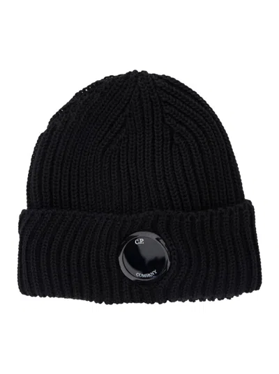 C.P. COMPANY BLACK LOGO BEANIE HAT