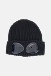 C.p. Company Cable Knit Beanie With Folded Brim And Goggle In Black
