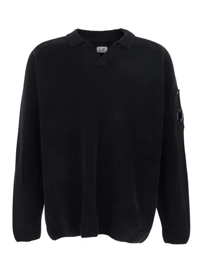 C.p. Company Black Sweater With Polo Shirt Style Collar And Google Plaque On The Sleeve In Cotton Man In Blue