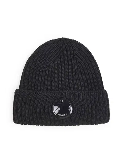 C.p. Company Black Wool Beanie With Lens Detail