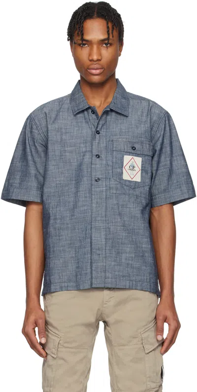 C.p. Company Blue Chambray Short Sleeve Shirt In D17 Washed Dried