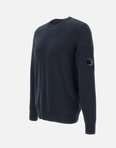 C.p. Company Blue Cotton Crewneck Lens Sweater