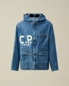 C.P. COMPANY BLUE COTTON DENIM HOODED JACKET WITH GOGGLES AND SIGNATURE DETAILS