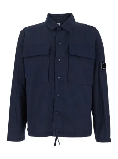 C.P. COMPANY BLUE JACKET WITH CLASSIC COLLAR AND LOGO PATCH ON THE SLEEVE