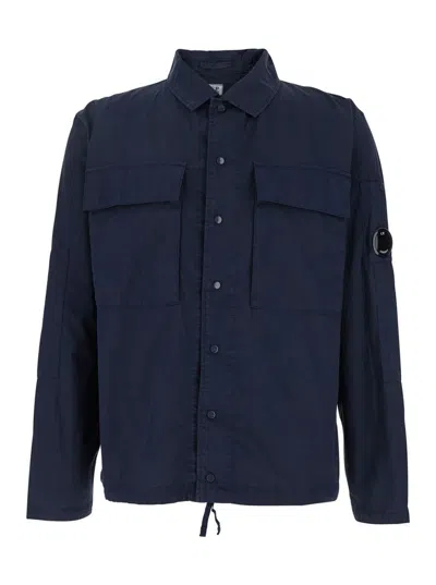 C.P. COMPANY BLUE JACKET WITH CLASSIC COLLAR AND LOGO PATCH ON THE SLEEVE IN COTTON MAN