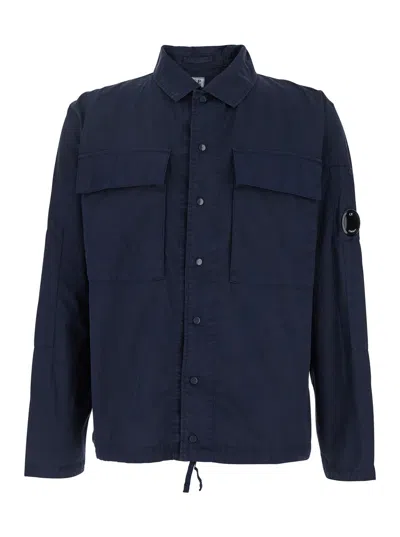 C.p. Company Blue Jacket With Classic Collar And Logo Patch On The Sleeve In Cotton Man