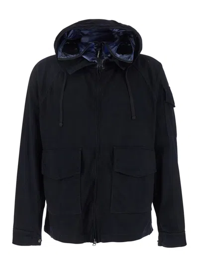 C.P. COMPANY BLUE JACKET WITH EXPLORER HOOD AND ADJUSTABLE DRAWSTRING WAIST IN TECH FABRIC MAN