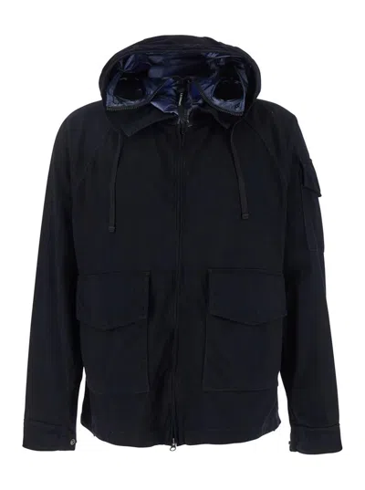 C.P. COMPANY BLUE JACKET WITH EXPLORER HOOD AND ADJUSTABLE DRAWSTRING WAIST IN TECH FABRIC MAN