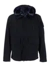C.p. Company Blue Jacket With Explorer Hood And Adjustable Drawstring Waist In Tech Fabric Man In Multicolor