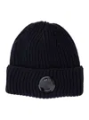 C.p. Company Blue Knit Beanie With Logo Plaque On The Front In Wool Man In Black