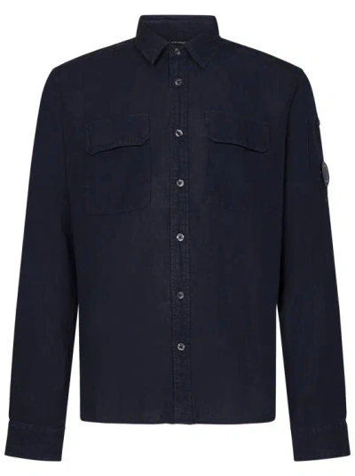 C.p. Company Blue Linen Long-sleeved Shirt In Black