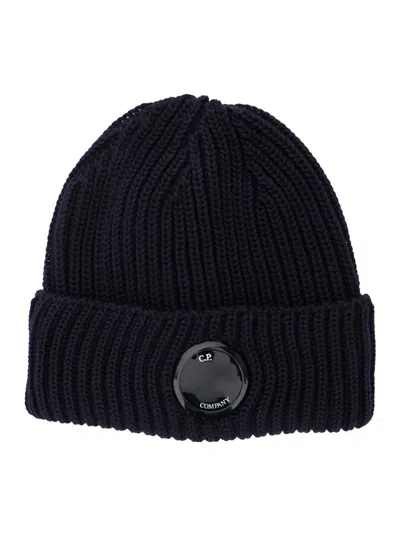 C.P. COMPANY BLUE LOGO BEANIE HAT