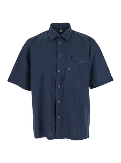 C.P. COMPANY BLUE SHIRT WITH CLASSIC COLLAR AND LOGO LETTERING EMBROIDERY ON THE FRONT IN COTTON MAN