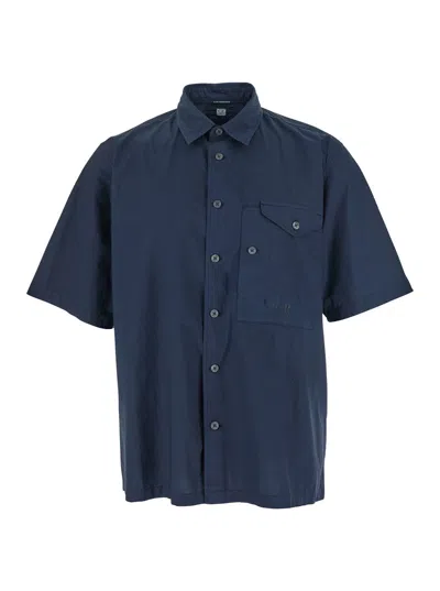 C.p. Company Blue Shirt With Classic Collar And Logo Lettering Embroidery On The Front In Cotton Man