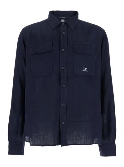 C.P. COMPANY BLUE SHIRT WITH LETTERING LOGO PRINTED ON THE FRONT IN LINEN MAN