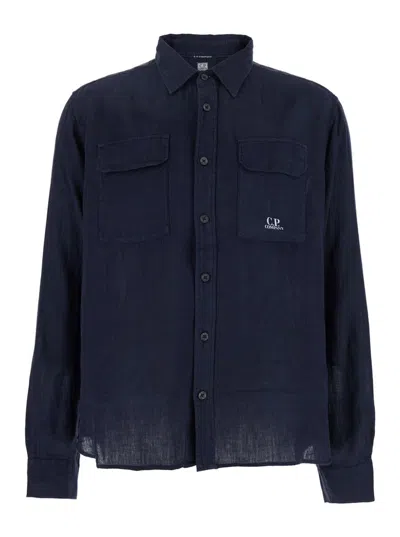 C.P. COMPANY BLUE SHIRT WITH LETTERING LOGO PRINTED ON THE FRONT IN LINEN MAN