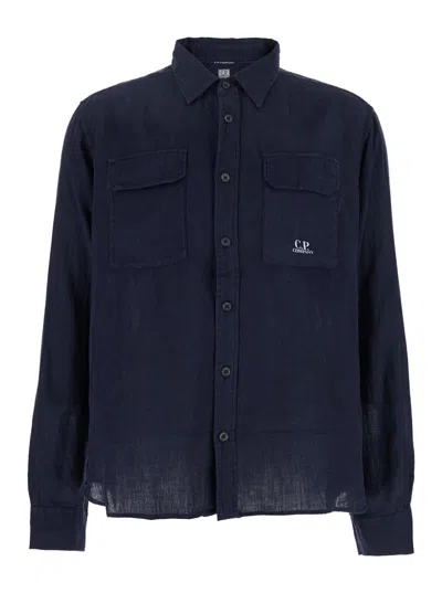 C.p. Company Blue Shirt With Lettering Logo Printed On The Front In Linen Man