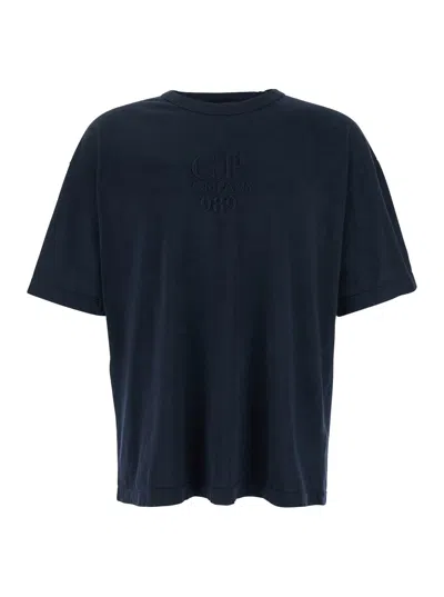C.p. Company Blue T-shirt With Logo Embroidered On The Front Tone-on-tone In Cotton Man In Multicolor