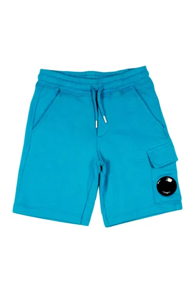 C.p. Company Kids' Bermuda Shorts In Cotton Fleece With Drawstring At The Waist And Pocket With Lens On The Leg In Blue