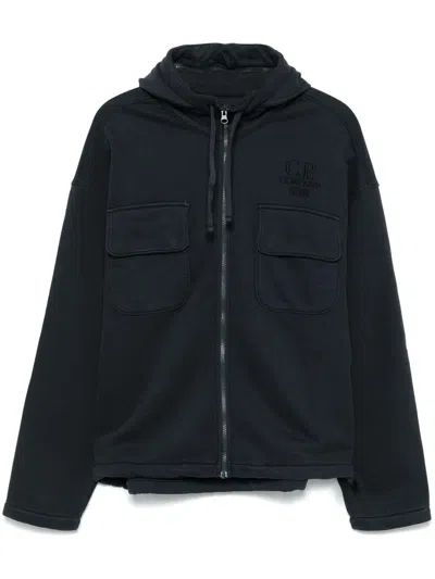 C.p. Company Brushed And Emerized Diagonal Fleece Hooded Utility Sweatshirt In 995 Black Sand